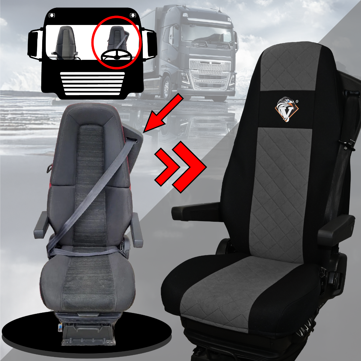 Pokrowce na fotele VOLVO FH4, FH, FH16, FMX, FM od 2013, FH5 od 2021, AERO od 2024  - 1 pas SZARE SABA
