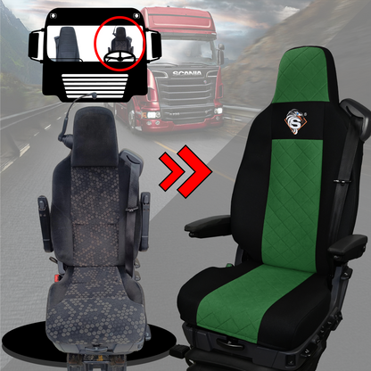 Pokrowce na fotele SCANIA seria R od 2013, seria S od 2017, fotele różne 2 pasy, fotel kierowcy PREMIUM, fotel pasażera BASIC - KONFIGURACJA E - ZIELONY SABA