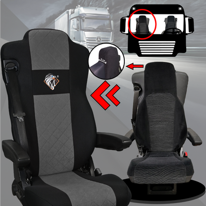 Pokrowce na fotele MERCEDES ACTROS MP4, AROX od 2011, MP5 od 2019 pasażer nieamortyzowany SZARE SABA