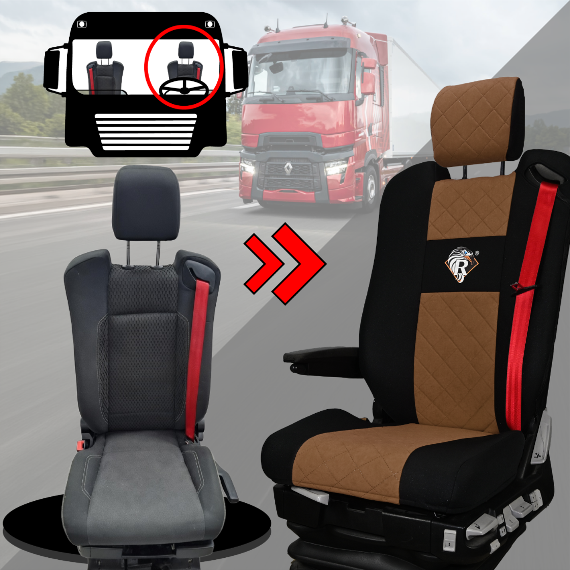 Pokrowce na fotele Renault Gama T od 2014 z zagłówkami regulowanymi 2 pasy BRĄZ SABA