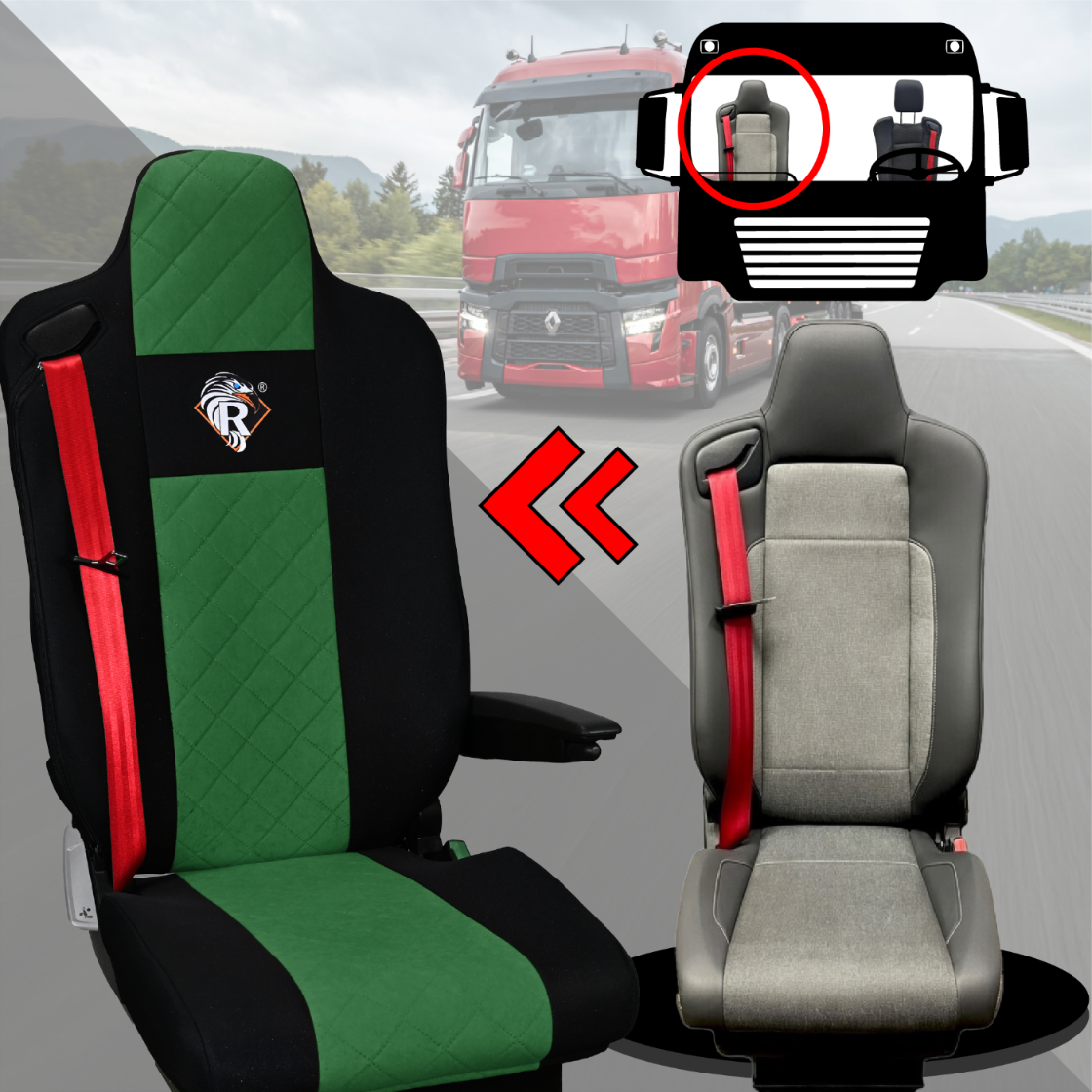 Pokrowce na fotele Renault Gama T od 2014 kierowca z zagłówkiem, pasażer lotniczy 2 pasy  ZIELONY SABA