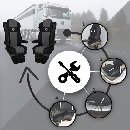 Pokrowce na fotele MERCEDES ACTROS L od 2022 2pasy, fotele lotnicze, fotel pasażera amortyzowany SZARY SABA
