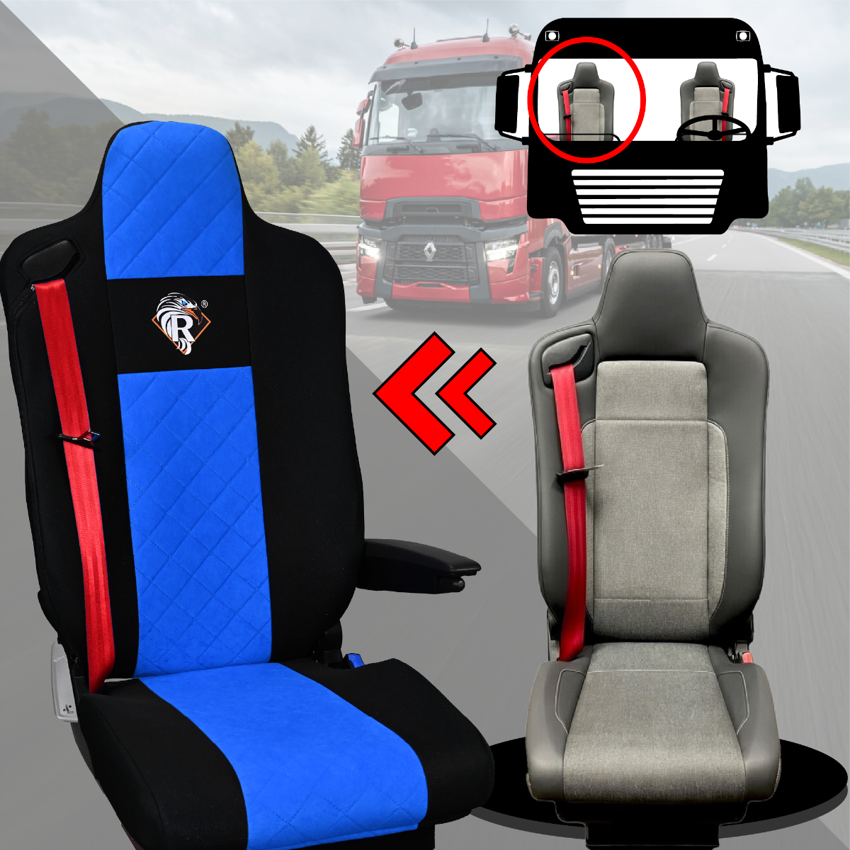 Pokrowce na fotele Renault Gama T od 2014 kierowca lotniczy, pasażer lotniczy 2 pasy  NIEBIESKI SABA