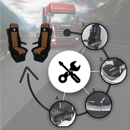 Pokrowce na fotele SCANIA seria R od 2004, 1+1, fotele lotnicze 2 pasy, fotel kierowcy i pasażera BASIC - KONFIGURACJA C - BRĄZ SABA