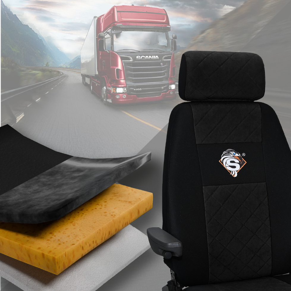 Pokrowce na fotele SCANIA seria R od 2004, 1+1, fotele różne 1 pas, fotel kierowcy BASIC - KONFIGURACJA A - CZARNY SABA
