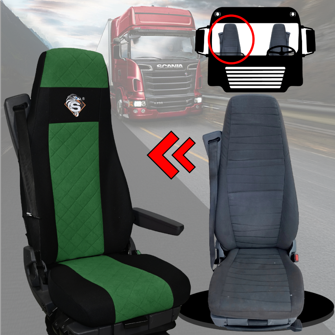 Pokrowce na fotele SCANIA seria R od 2004, 1+1, fotele lotnicze 2 pasy, fotel kierowcy i pasażera BASIC - KONFIGURACJA C - ZIELONY SABA