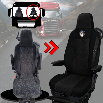 Pokrowce na fotele SCANIA seria R od 2013, seria S od 2017, fotele lotnicze 2 pasy, fotel kierowcy i pasażera PREMIUM - KONFIGURACJA D - CZARNY SABA