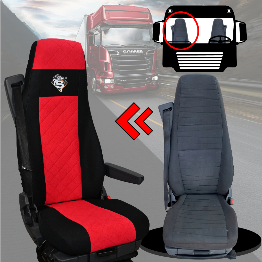 Pokrowce na fotele SCANIA seria R od 2004, 1+1, fotele lotnicze 2 pasy, fotel kierowcy i pasażera BASIC - KONFIGURACJA C - CZERWONY SABA