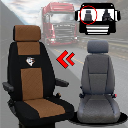 Pokrowce na fotele SCANIA seria R od 2013, seria S od 2017, fotele różne 1pas, fotel kierowcy PREMIUM - KONFIGURACJA B - BRĄZ SABA