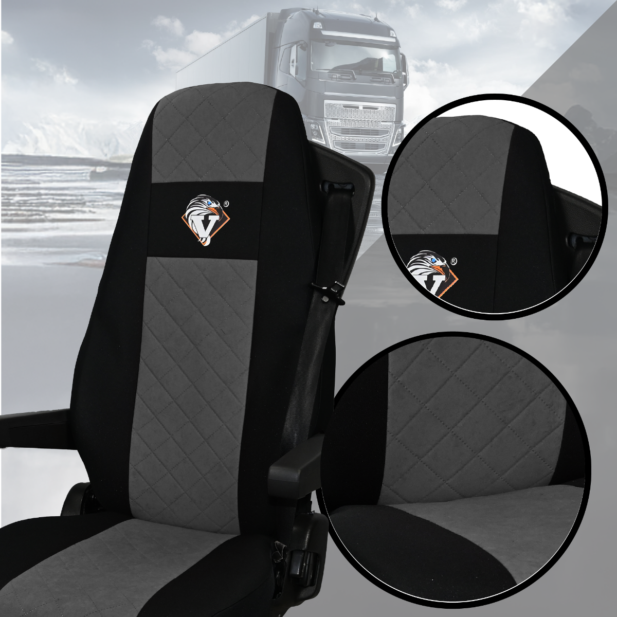 Pokrowce na fotele VOLVO FH4, FH, FH16, FMX, FM od 2013, FH5 od 2021, AERO od 2024  - 1 pas SZARE SABA