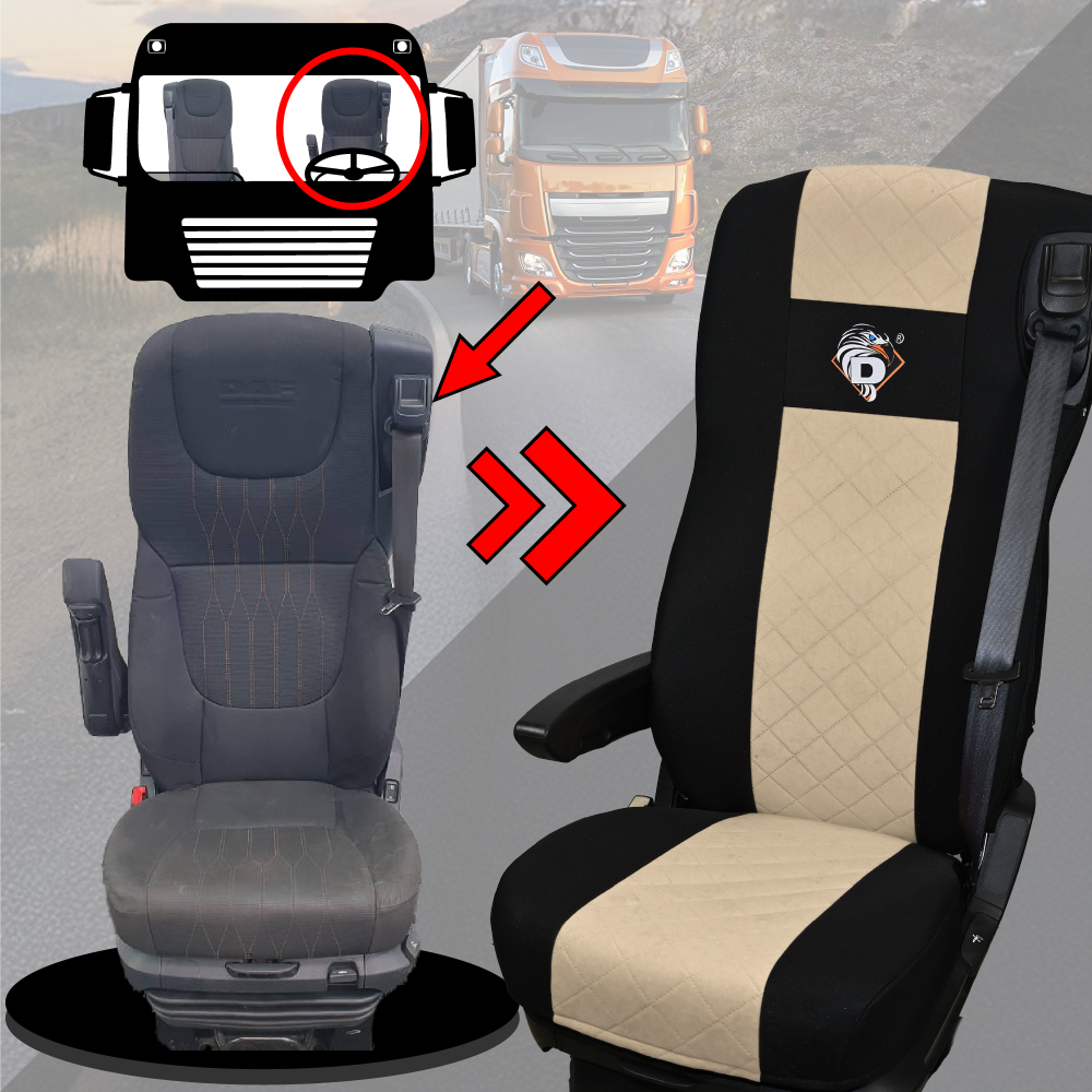 Pokrowce na fotele DAF 105 XF od 2012, 106 XF od 2013, XG, XG+ od 2022 2 pasy BEŻ SABA