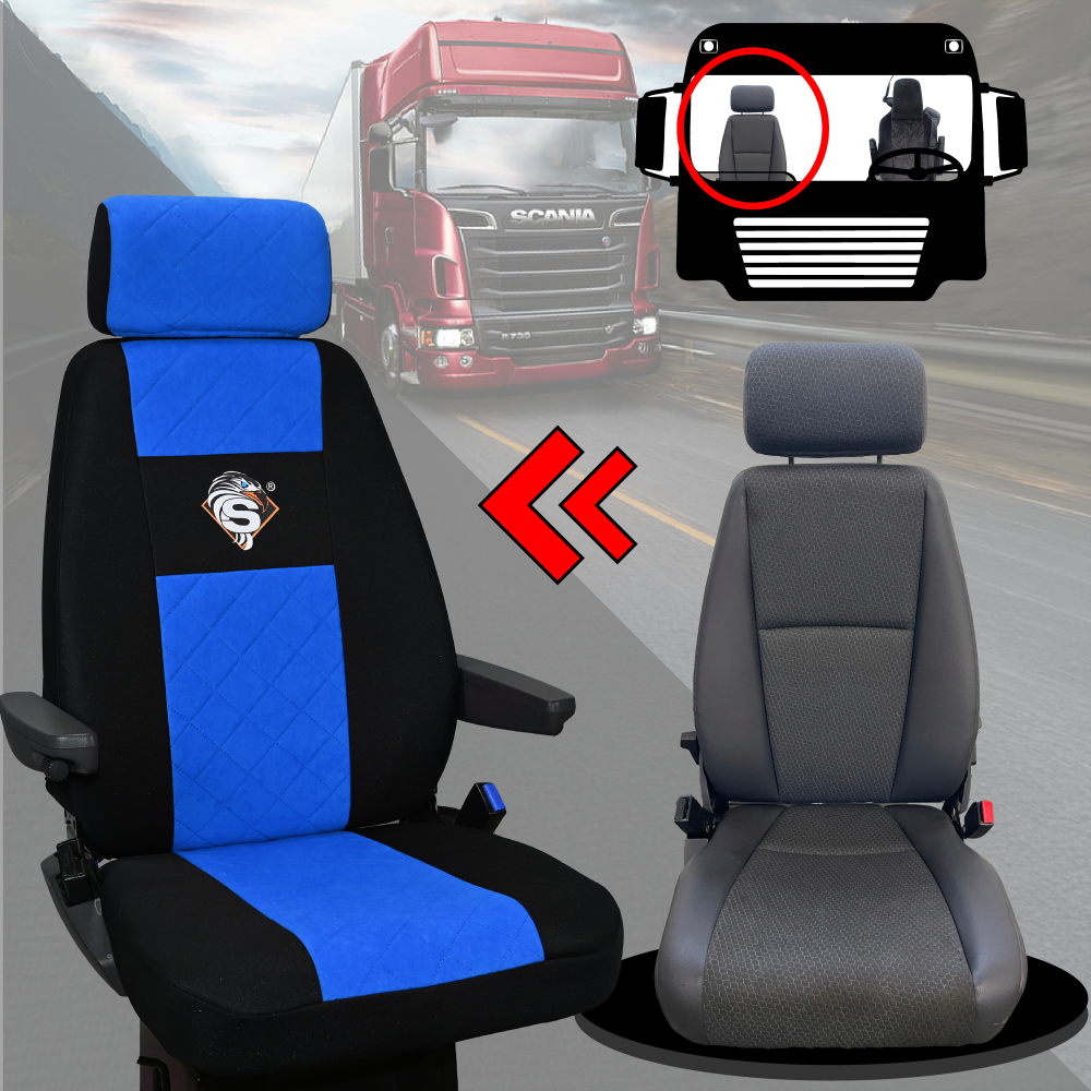 Pokrowce na fotele SCANIA seria R od 2013, seria S od 2017, fotele różne 1pas, fotel kierowcy PREMIUM - KONFIGURACJA B - NIEBIESKI SABA