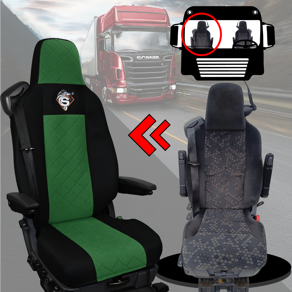 Pokrowce na fotele SCANIA seria R od 2013, seria S od 2017, fotele lotnicze 2 pasy, fotel kierowcy i pasażera PREMIUM - KONFIGURACJA D - ZIELONY SABA