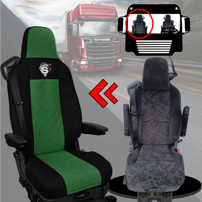 Pokrowce na fotele SCANIA seria R od 2013, seria S od 2017, fotele lotnicze 2 pasy, fotel kierowcy i pasażera PREMIUM - KONFIGURACJA D - ZIELONY SABA