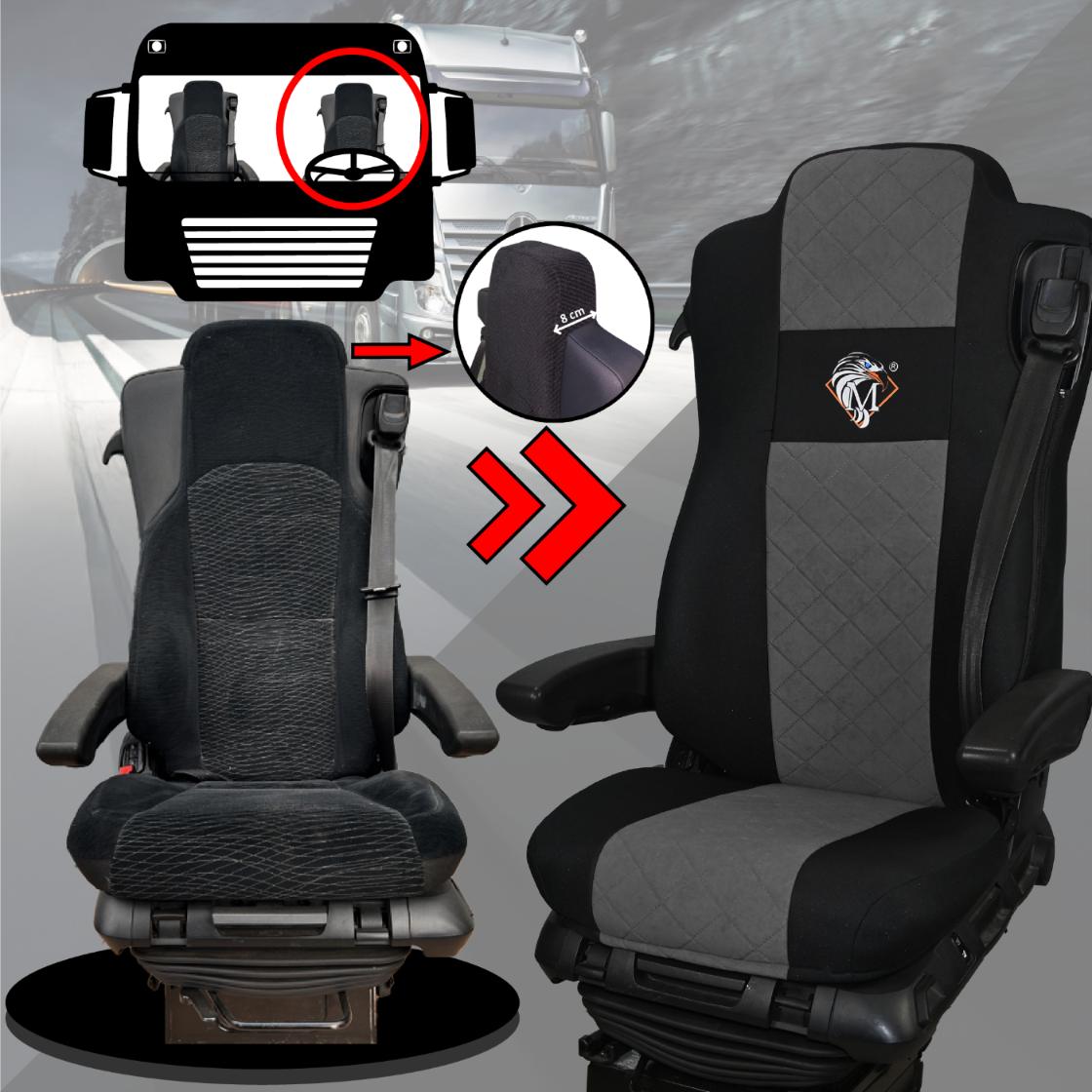 Pokrowce na fotele MERCEDES ACTROS MP4, AROX od 2011, MP5 od 2019 pasażer amortyzowany SZARE SABA