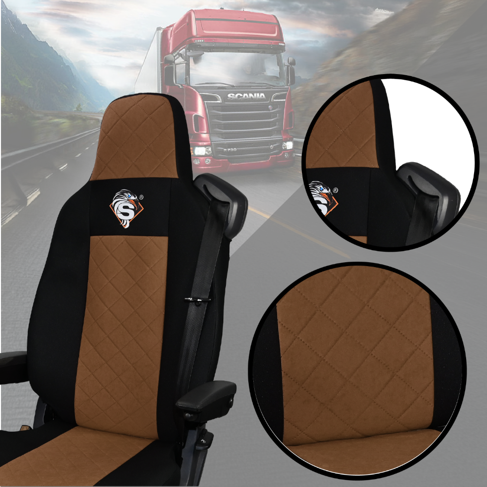 Pokrowce na fotele SCANIA seria R od 2013, seria S od 2017, fotele różne 1pas, fotel kierowcy PREMIUM - KONFIGURACJA B - BRĄZ SABA
