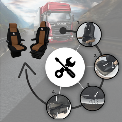 Pokrowce na fotele SCANIA seria R od 2013, seria S od 2017, fotele różne 1pas, fotel kierowcy PREMIUM - KONFIGURACJA B - BRĄZ SABA