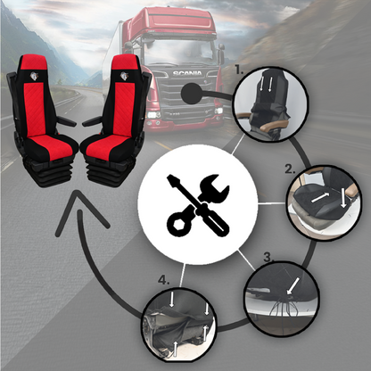 Pokrowce na fotele SCANIA seria R od 2004, 1+1, fotele lotnicze 2 pasy, fotel kierowcy i pasażera BASIC - KONFIGURACJA C - CZERWONY SABA