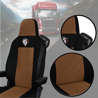 Pokrowce na fotele SCANIA seria R od 2013, seria S od 2017, fotele lotnicze 2 pasy, fotel kierowcy i pasażera PREMIUM - KONFIGURACJA D - BRĄZOWY SABA