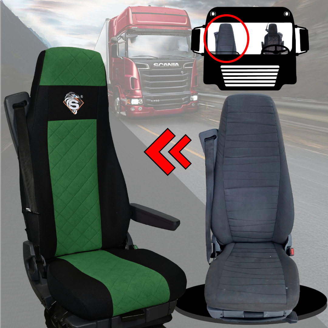 Pokrowce na fotele SCANIA seria R od 2013, seria S od 2017, fotele różne 2 pasy, fotel kierowcy PREMIUM, fotel pasażera BASIC - KONFIGURACJA E - ZIELONY SABA