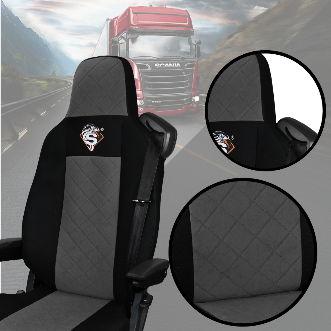 Pokrowce na fotele SCANIA seria R od 2013, seria S od 2017, fotele różne 1pas, fotel kierowcy PREMIUM - KONFIGURACJA B - SZARY SABA