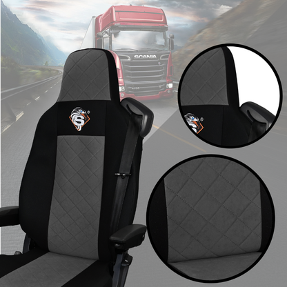 Pokrowce na fotele SCANIA seria R od 2013, seria S od 2017, fotele różne 1pas, fotel kierowcy PREMIUM - KONFIGURACJA B - SZARY SABA