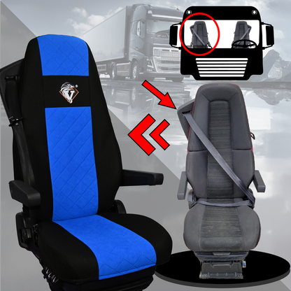 Pokrowce na fotele VOLVO FH4, FH, FH16, FMX, FM od 2013, FH5 od 2021, AERO od 2024 - 2 pasy NIEBIESKI SABA