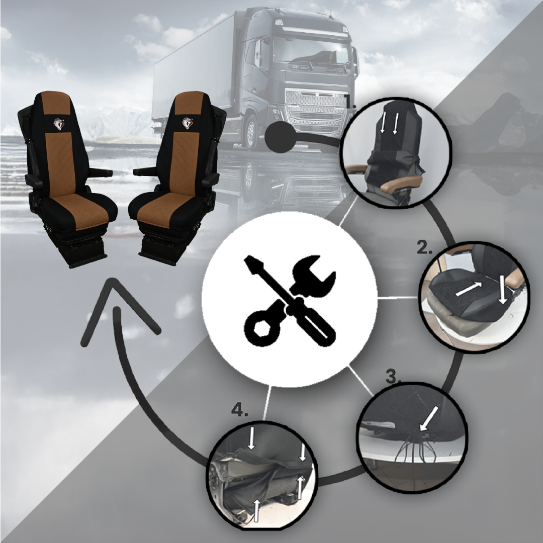 Pokrowce na fotele VOLVO FH4, FH, FH16, FMX, FM od 2013, FH5 od 2021, AERO od 2024 - 2 pasy BRĄZ SABA