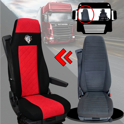 Pokrowce na fotele SCANIA seria R od 2013, seria S od 2017, fotele różne 2 pasy, fotel kierowcy PREMIUM, fotel pasażera BASIC - KONFIGURACJA E - CZERWONY SABA