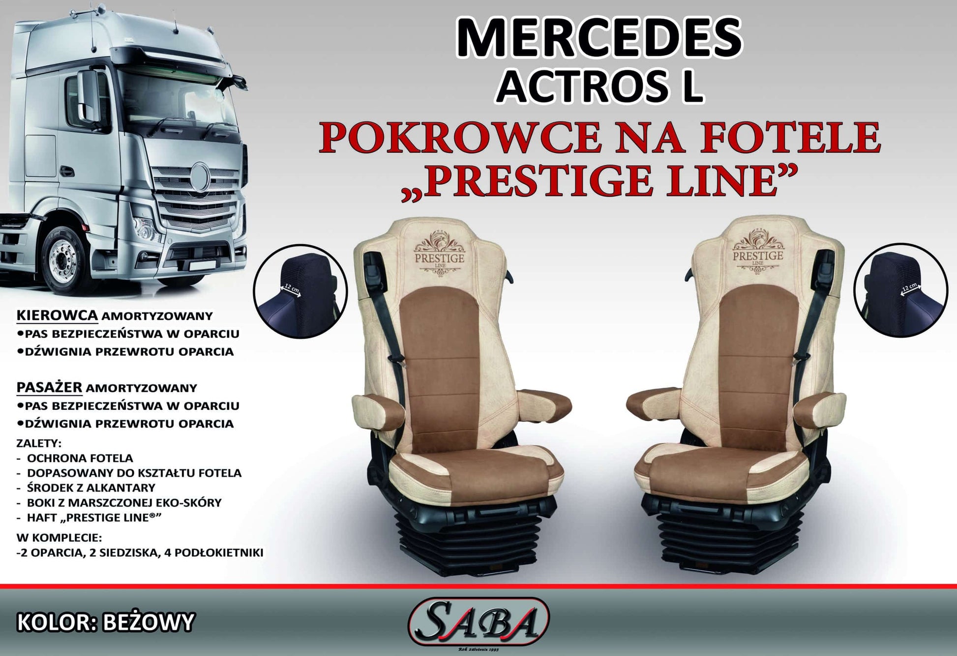 Pokrowce na fotele PRESTIGE-LINE Mercedes Actros L od 2022 fotel pasażera amortyzowany BEŻ SABA