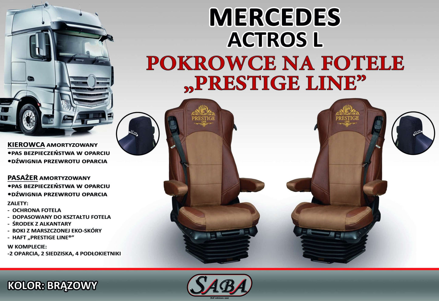 Pokrowce na fotele PRESTIGE-LINE Mercedes Actros L od 2022 fotel pasażera amortyzowany BRĄZ SABA