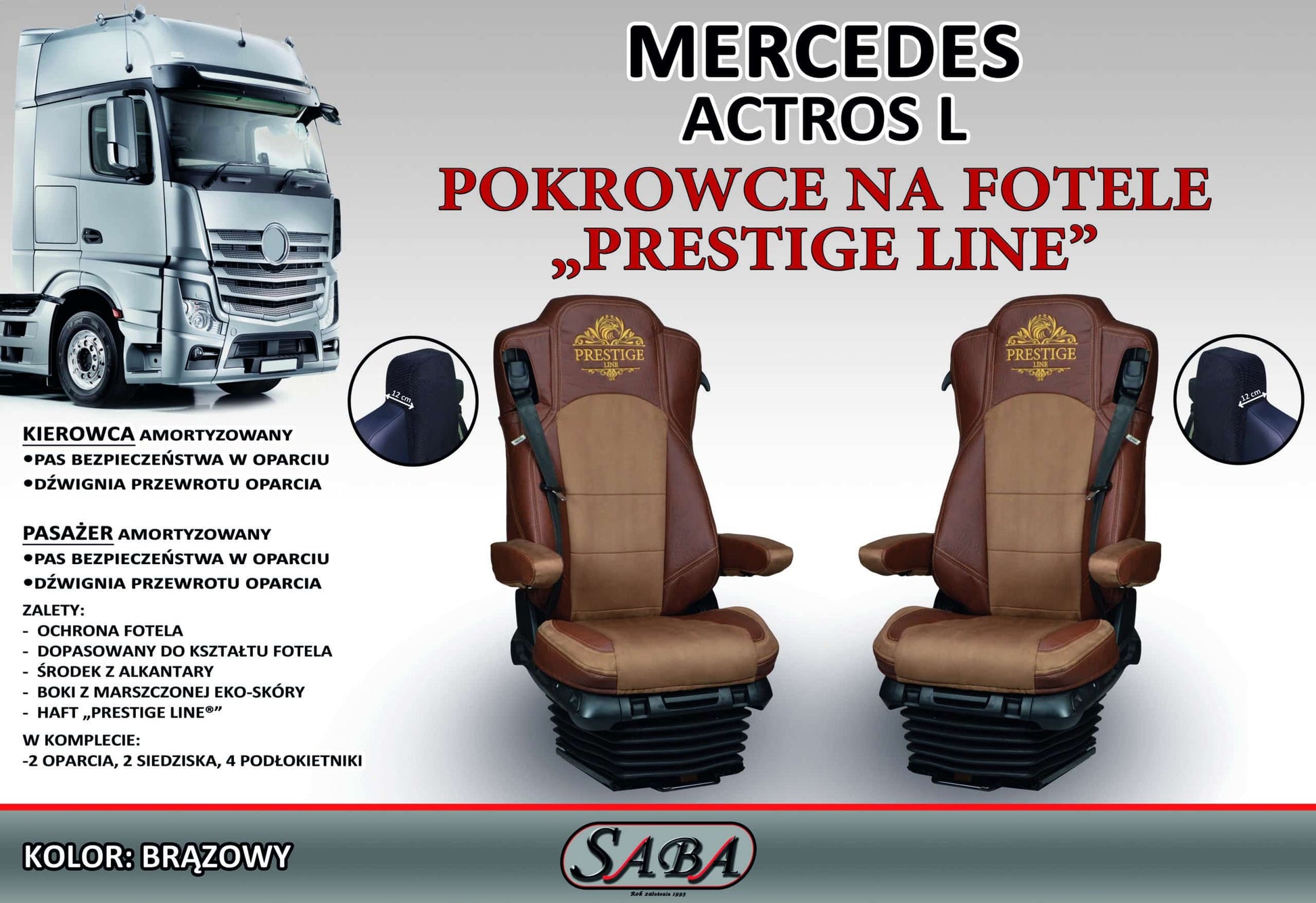 Pokrowce na fotele PRESTIGE-LINE Mercedes Actros L od 2022 fotel pasażera amortyzowany BRĄZ SABA