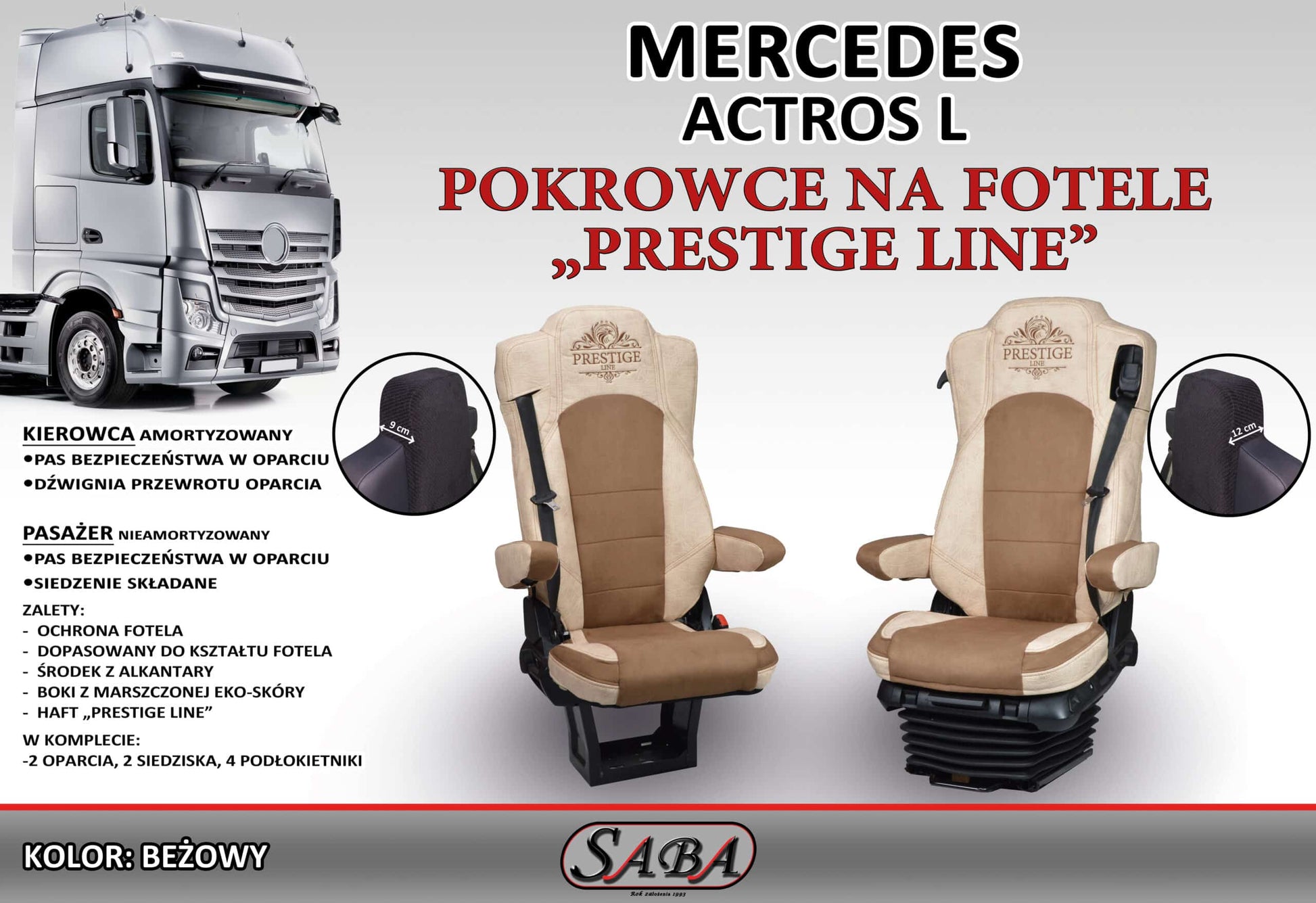 Pokrowce na fotele PRESTIGE-LINE Mercedes Actros L od 2022 fotel pasażera nieamortyzowany BEŻ SABA