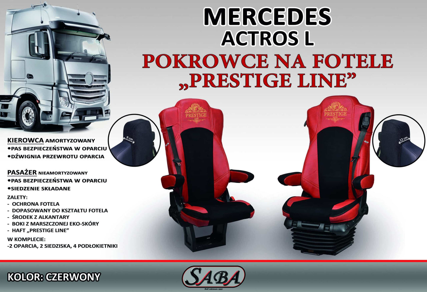 Pokrowce na fotele PRESTIGE-LINE Mercedes Actros L od 2022 fotel pasażera nieamortyzowany CZERWONY SABA