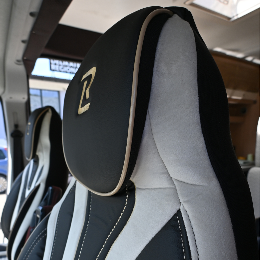 Pokrowce na fotele do Kampera Fiat Ducato, Peugeot Boxer, Citroen Jumper, Opel Movano C - PORTOFINO - Beżowo czarne LUCARO