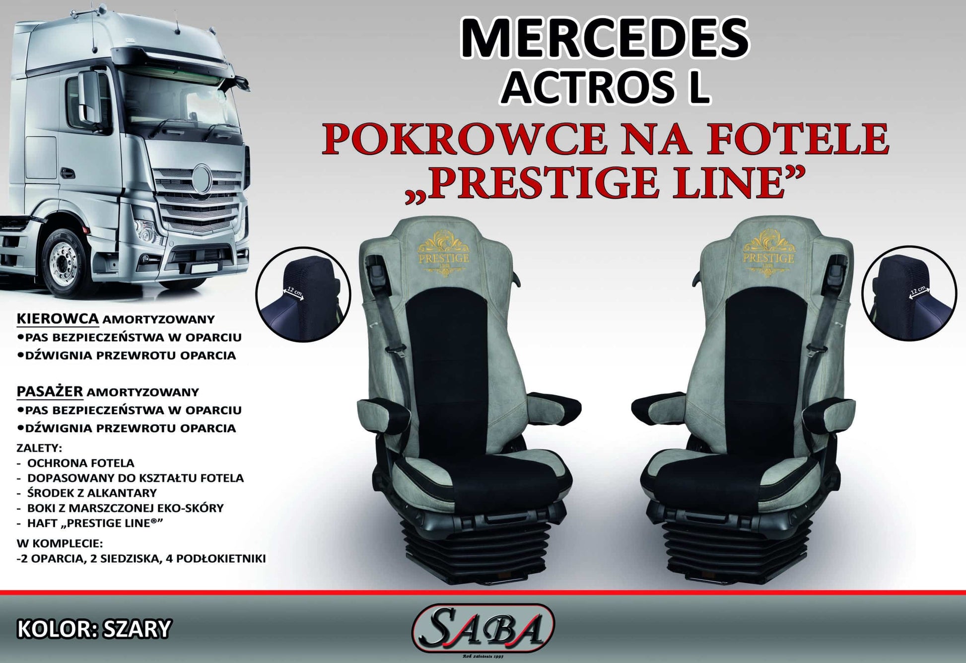 Pokrowce na fotele PRESTIGE-LINE Mercedes Actros L od 2022 fotel pasażera amortyzowany SZARY SABA