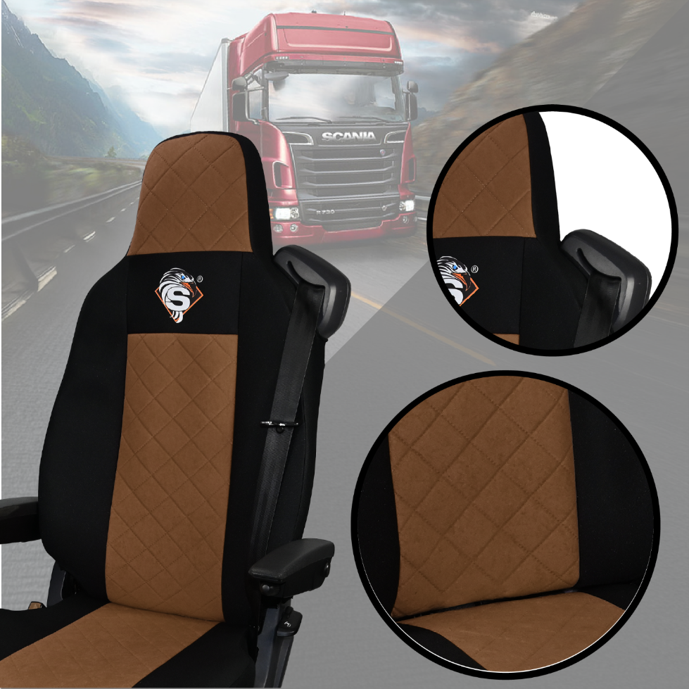 Pokrowce na fotele SCANIA seria R od 2013, seria S od 2017, fotele różne 2 pasy, fotel kierowcy PREMIUM, fotel pasażera BASIC - KONFIGURACJA E - BRĄZ SABA
