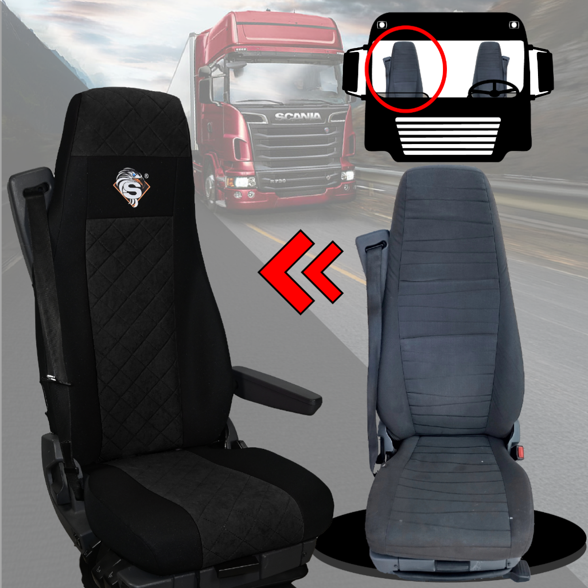Pokrowce na fotele SCANIA seria R od 2004, 1+1, fotele lotnicze 2 pasy, fotel kierowcy i pasażera BASIC - KONFIGURACJA C - CZARNY SABA
