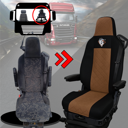 Pokrowce na fotele SCANIA seria R od 2013, seria S od 2017, fotele różne 1pas, fotel kierowcy PREMIUM - KONFIGURACJA B - BRĄZ SABA