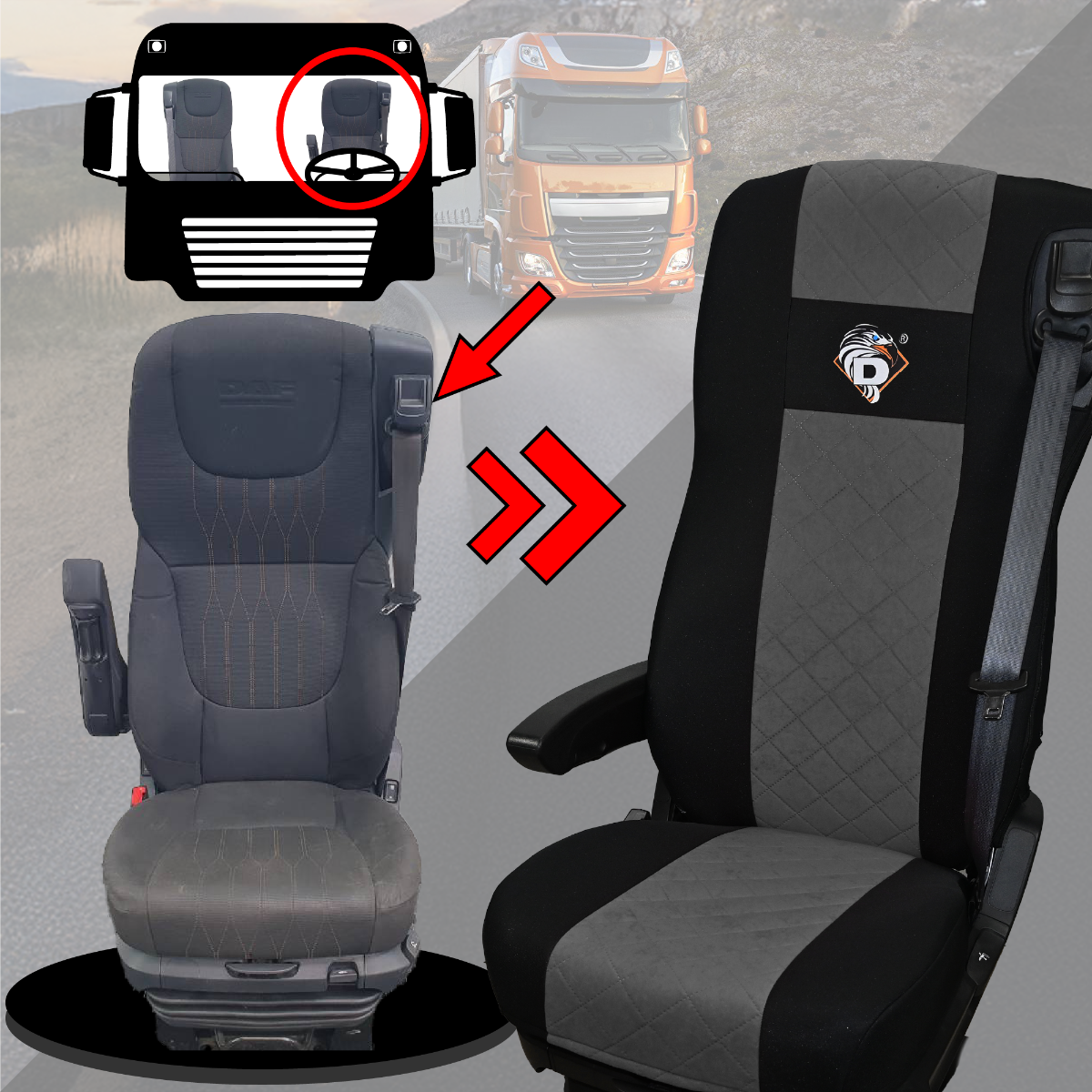 Pokrowce na fotele DAF 105 XF od 2012, 106 XF od 2013, XG, XG+ od 2022 2 pasy SZARE SABA