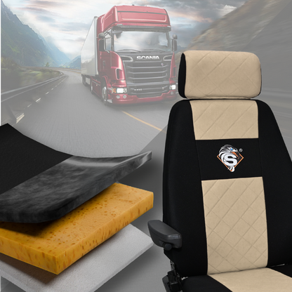 Pokrowce na fotele SCANIA seria R od 2013, seria S od 2017, fotele różne 1pas, fotel kierowcy PREMIUM - KONFIGURACJA B - BEŻ SABA