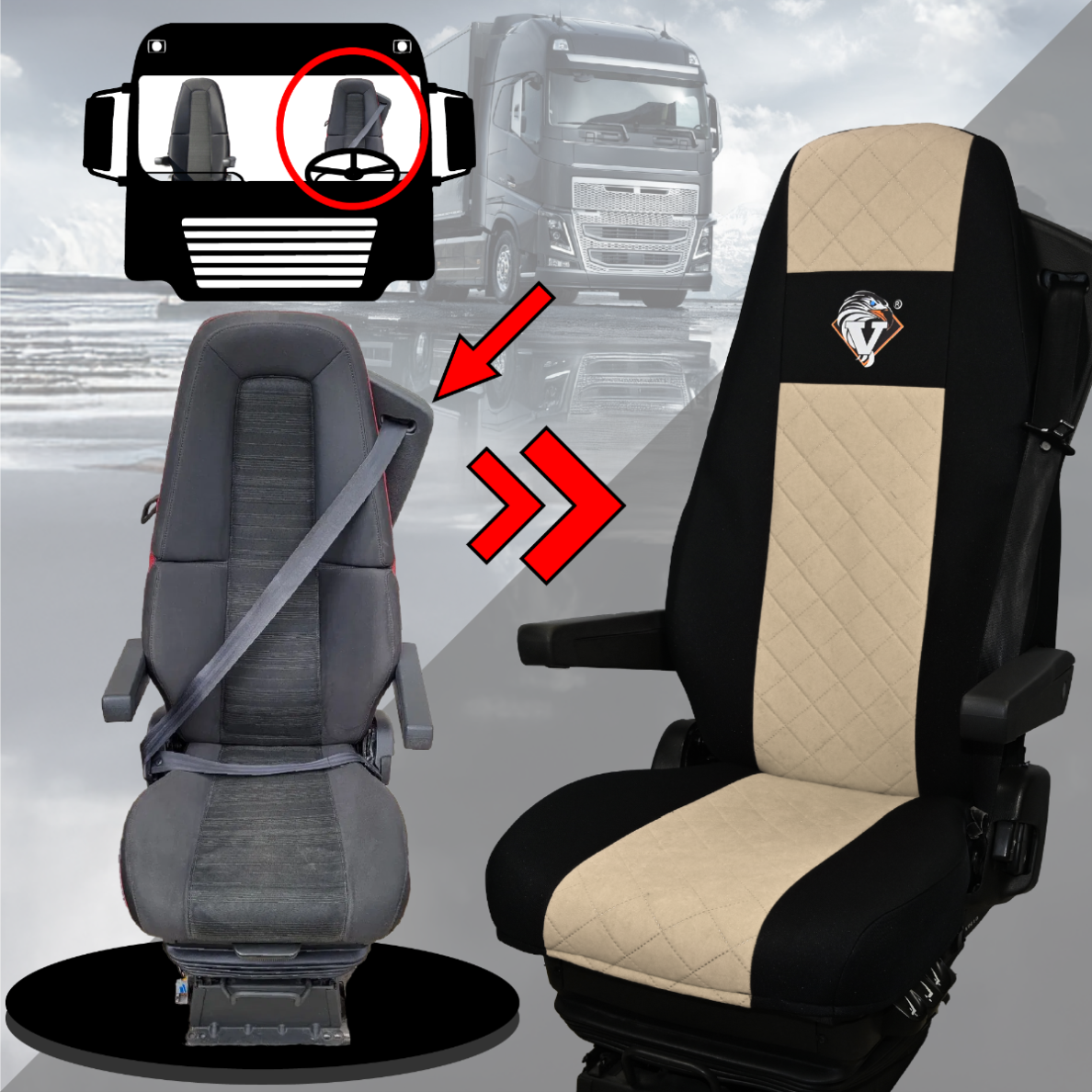 Pokrowce na fotele VOLVO FH4, FH, FH16, FMX, FM od 2013, FH5 od 2021, AERO od 2024 - 1 pas BEŻ SABA