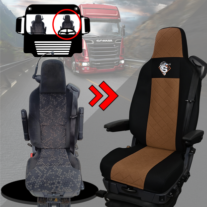 Pokrowce na fotele SCANIA seria R od 2013, seria S od 2017, fotele lotnicze 2 pasy, fotel kierowcy i pasażera PREMIUM - KONFIGURACJA D - BRĄZOWY SABA