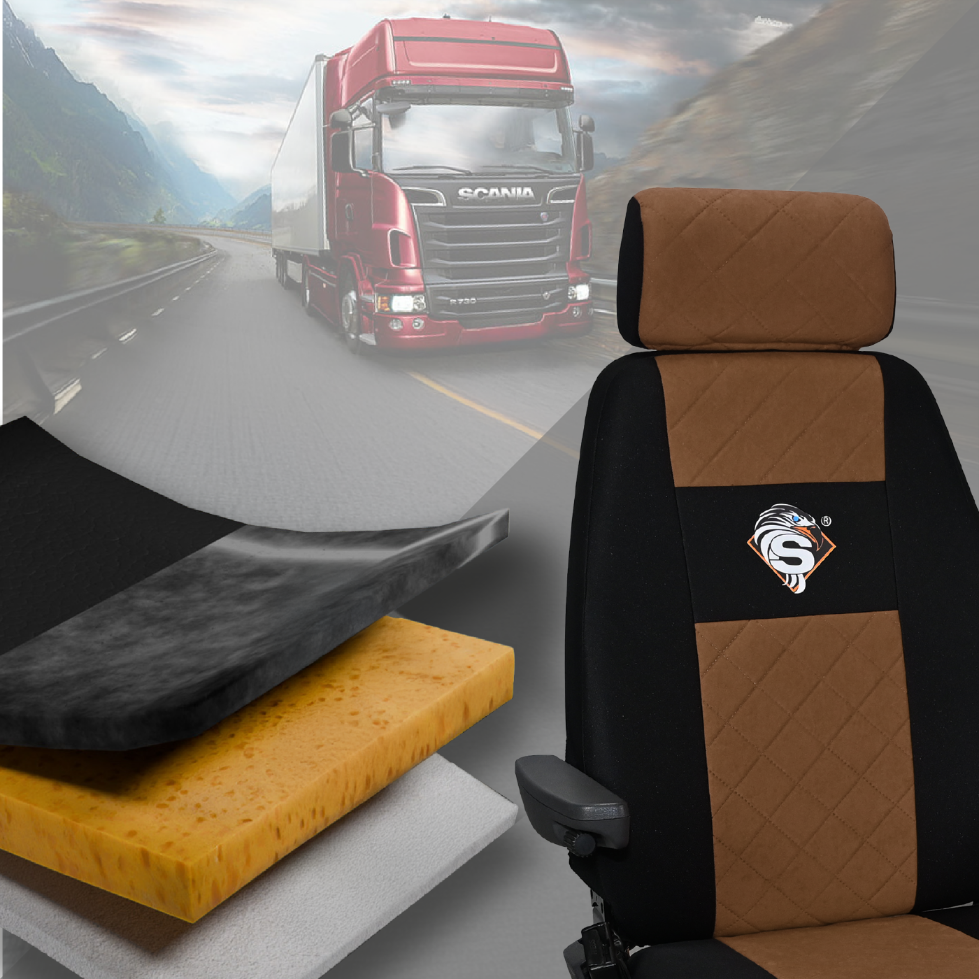Pokrowce na fotele SCANIA seria R od 2013, seria S od 2017, fotele różne 1pas, fotel kierowcy PREMIUM - KONFIGURACJA B - BRĄZ SABA