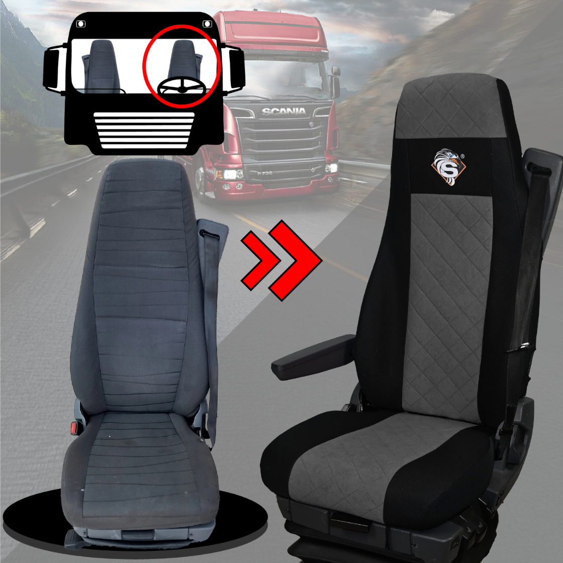 Pokrowce na fotele SCANIA seria R od 2004, 1+1, fotele lotnicze 2 pasy, fotel kierowcy i pasażera BASIC - KONFIGURACJA C - SZARY SABA