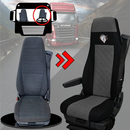Pokrowce na fotele SCANIA seria R od 2004, 1+1, fotele lotnicze 2 pasy, fotel kierowcy i pasażera BASIC - KONFIGURACJA C - SZARY SABA
