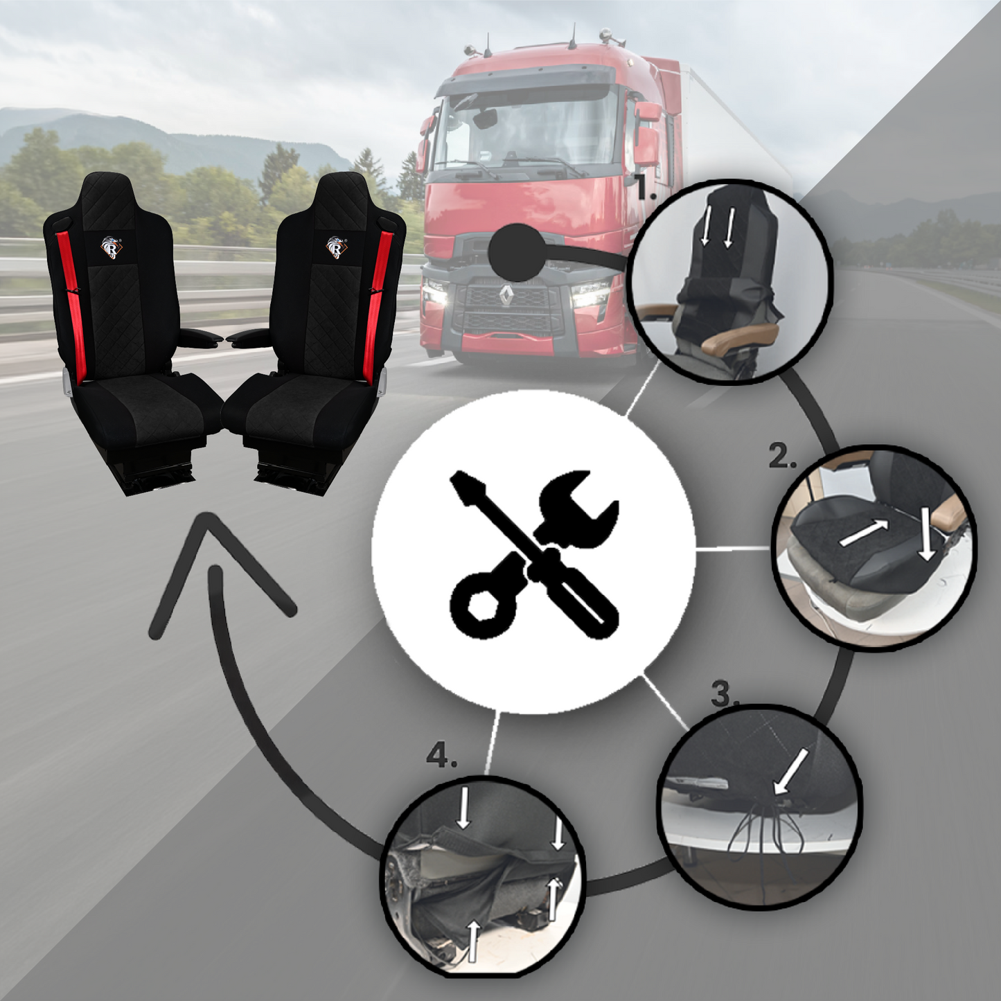 Pokrowce na fotele Renault Gama T od 2014 kierowca lotniczy, pasażer lotniczy 2 pasy  CZARNY SABA