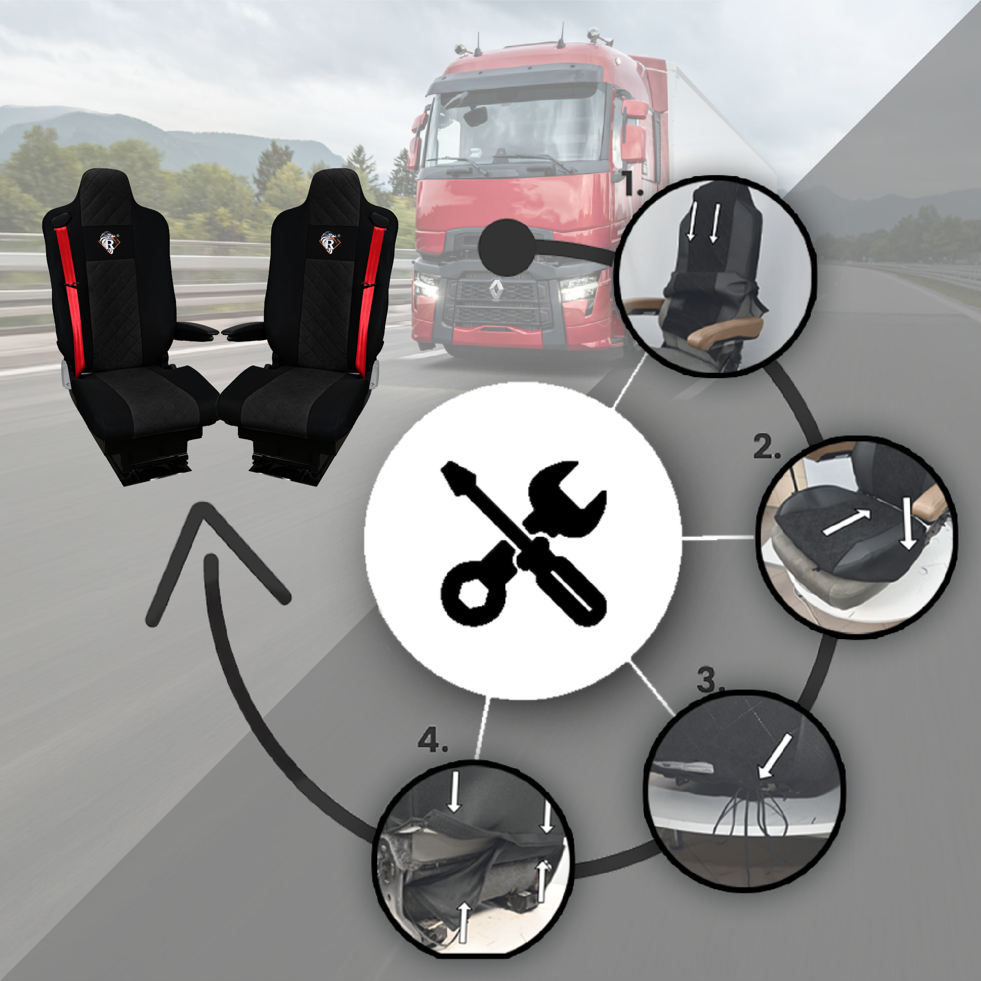 Pokrowce na fotele Renault Gama T od 2014 kierowca lotniczy, pasażer lotniczy 2 pasy  CZARNY SABA