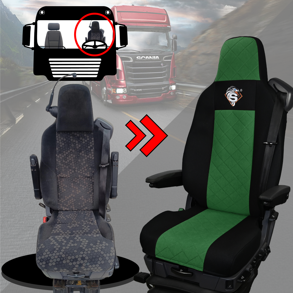 Pokrowce na fotele SCANIA seria R od 2013, seria S od 2017, fotele różne 1pas, fotel kierowcy PREMIUM - KONFIGURACJA B - ZIELONY SABA