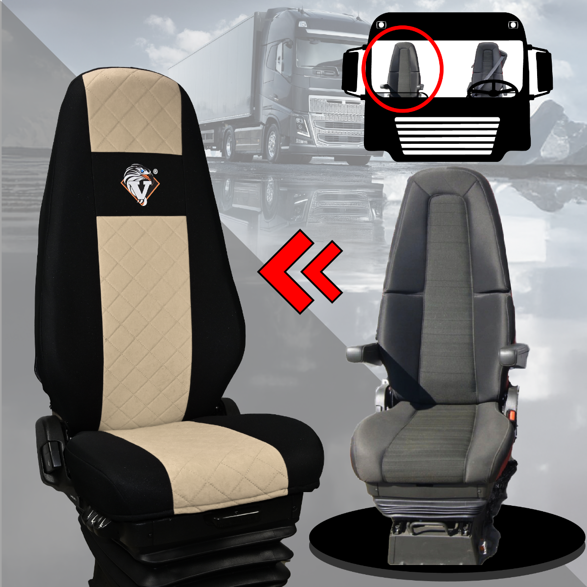 Pokrowce na fotele VOLVO FH4, FH, FH16, FMX, FM od 2013, FH5 od 2021, AERO od 2024 - 1 pas BEŻ SABA